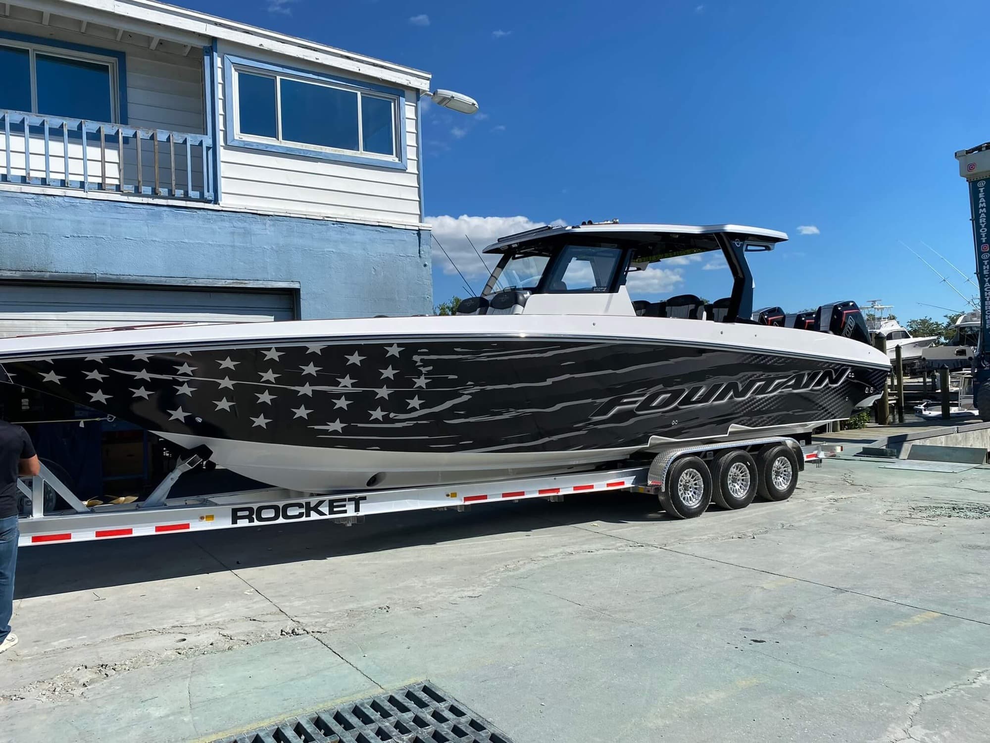 Fountain boat with American flag wrap by ATD Suncoast
