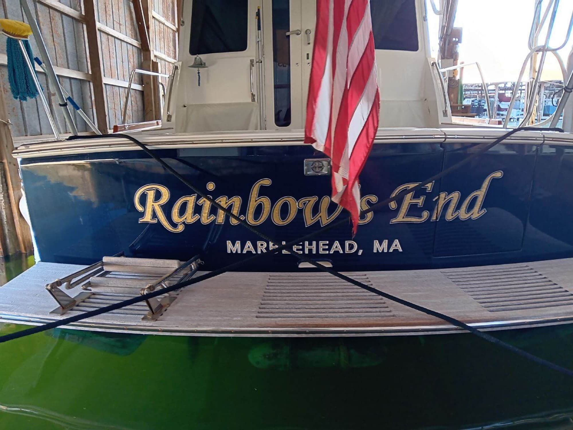 Rainbow's End boat gold leaf lettering Marblehead MA by ATD