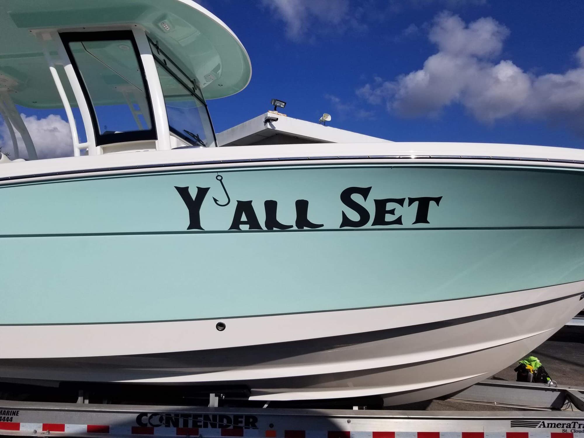 Y'all Set Contender boat name lettering by Auto Trim Design