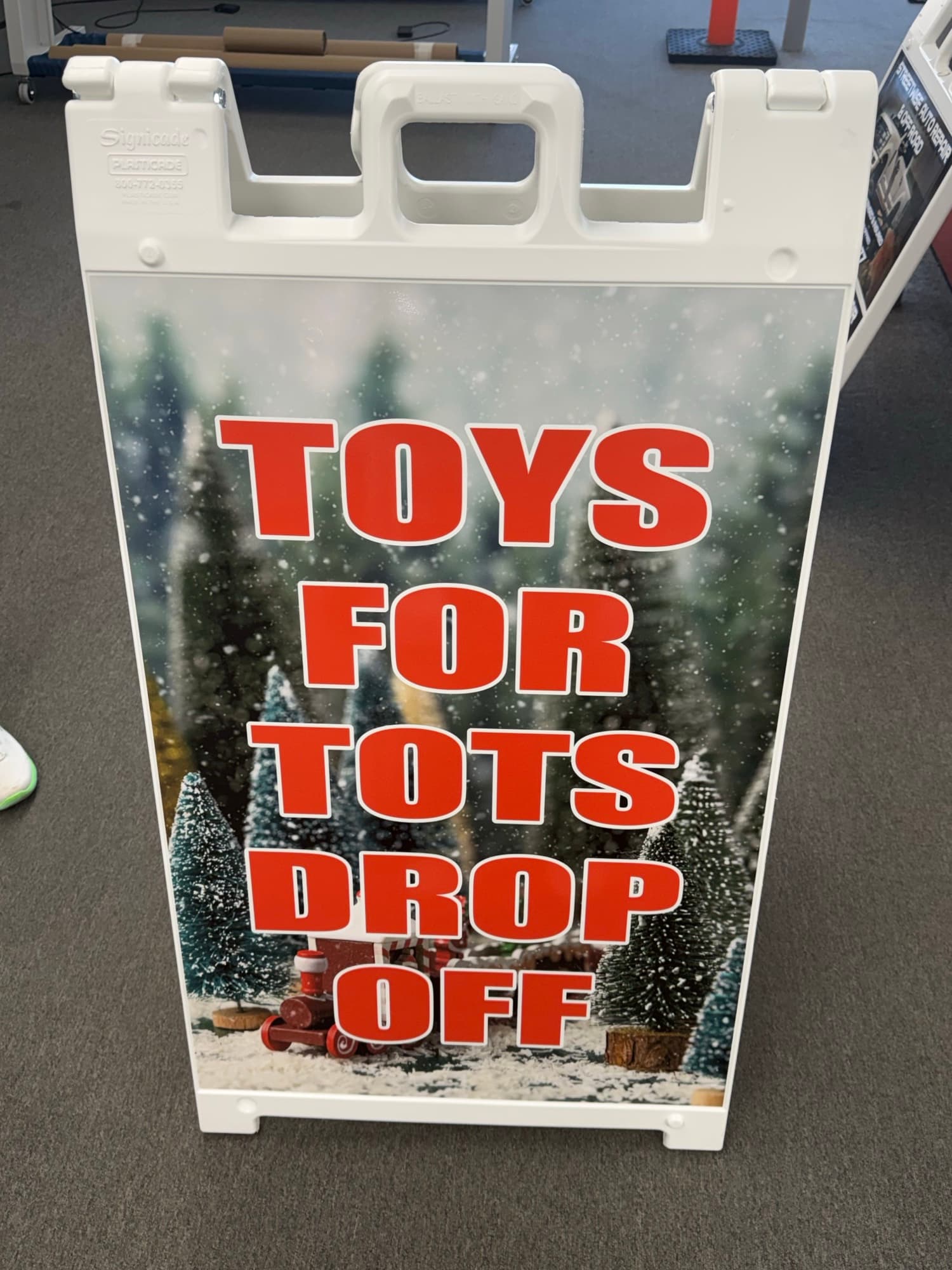 Toys for Tots Drop Off custom A-frame sign by Auto Trim Design